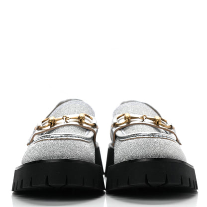 Gucci Mini Diamond Storm Silk Calfskin Womens Harald Horsebit 25mm Platform Loafers 36.5 Silver 2 of 10