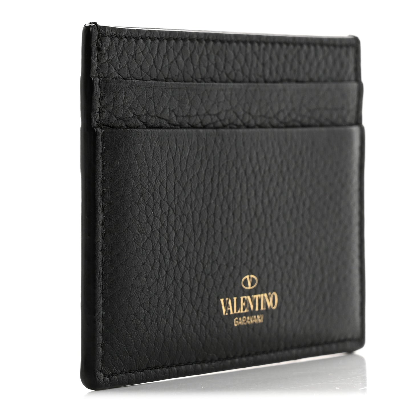 Pebbled Calfskin Rockstud Card Holder Black