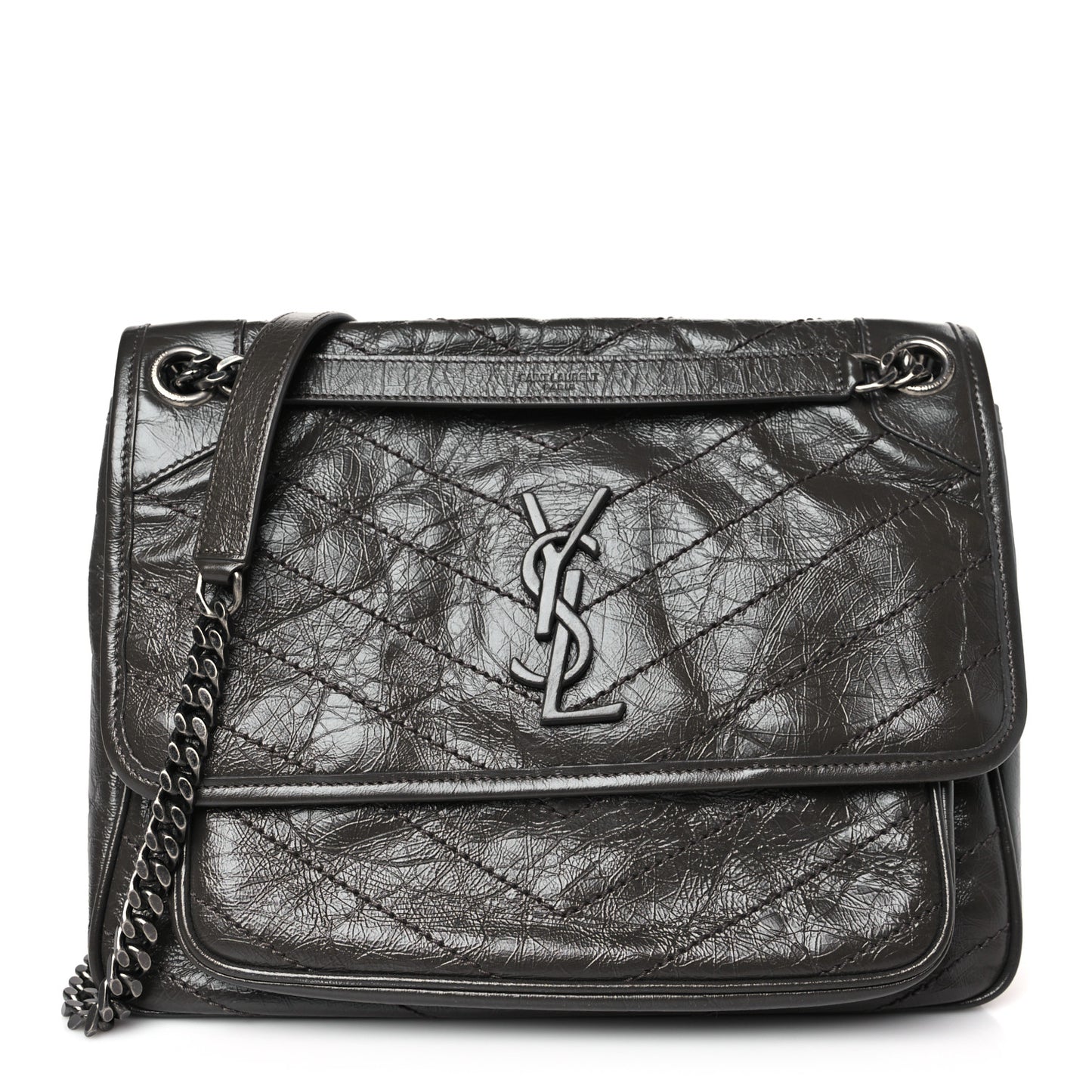 Crinkled Calfskin Matelasse Monogram Medium Niki Chain Satchel Pebble