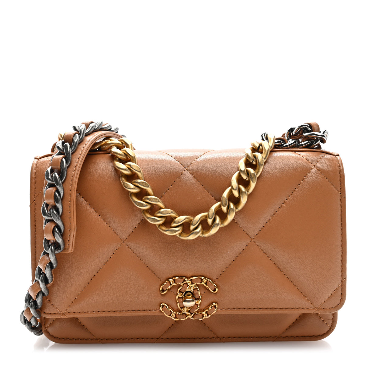 Lambskin Quilted Chanel 19 Wallet On Chain WOC Brown