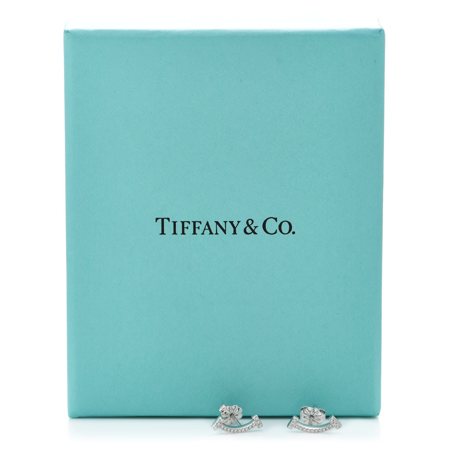 Tiffany 18K White Gold Diamond T Smile Earrings 5 of 5