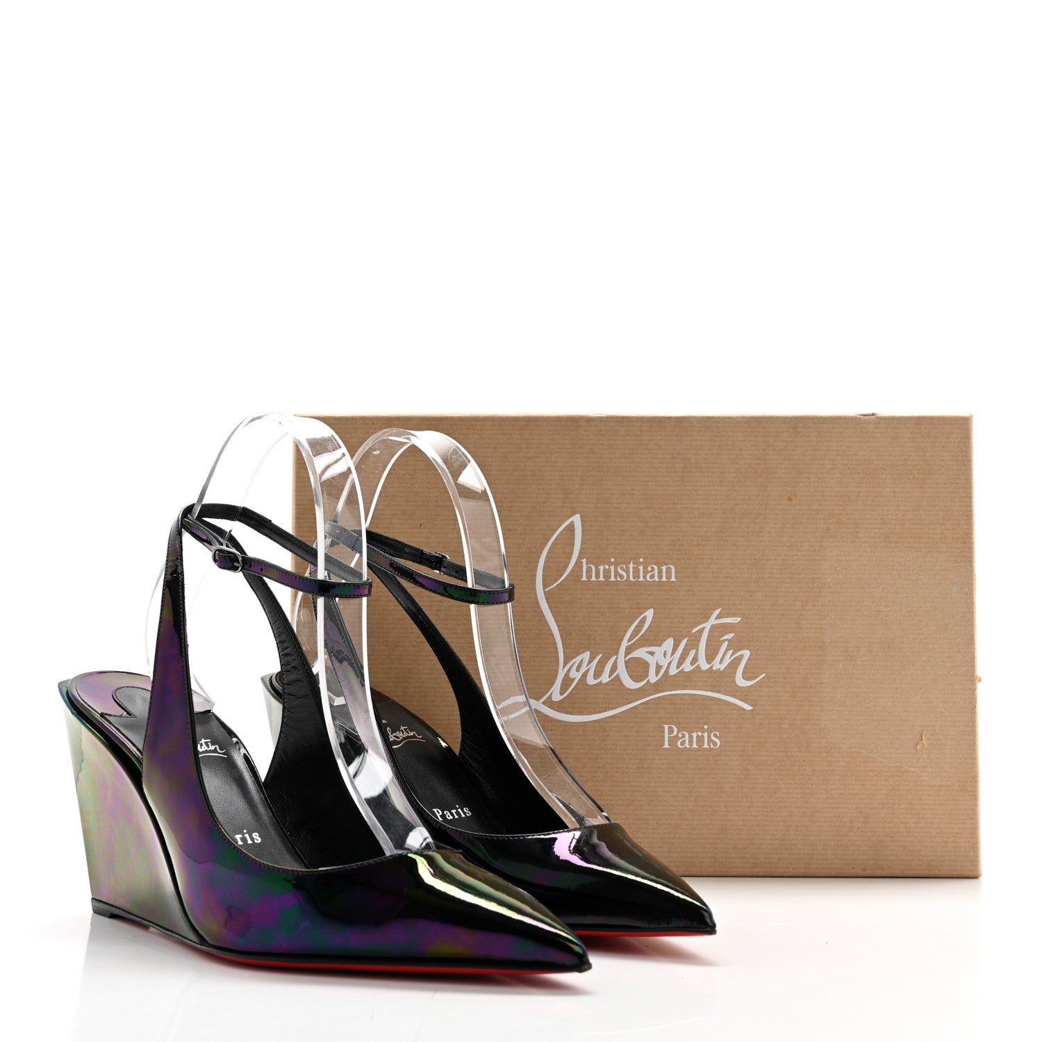 Christian Louboutin Patent Iridescent Sling Condorage 85 Wedge Pumps 38.5 Black 8 of 8