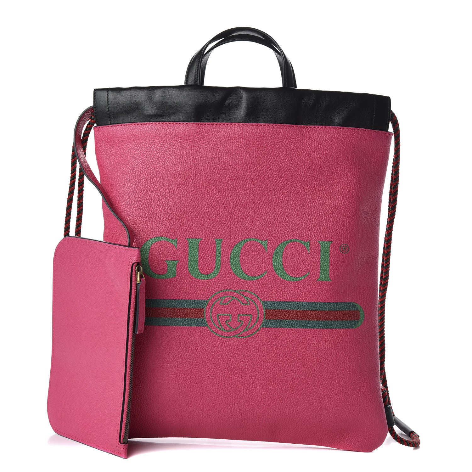 Gucci Grained Calfskin Logo Drawstring Backpack Box Pink Green Black 1 of 9