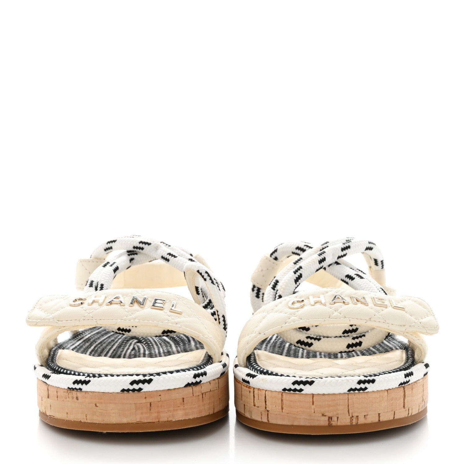 Chanel Cord Lambskin Quilted Logo Sandals 38 White Black 2 of 9