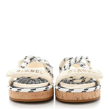 Chanel Cord Lambskin Quilted Logo Sandals 38 White Black 2 of 9