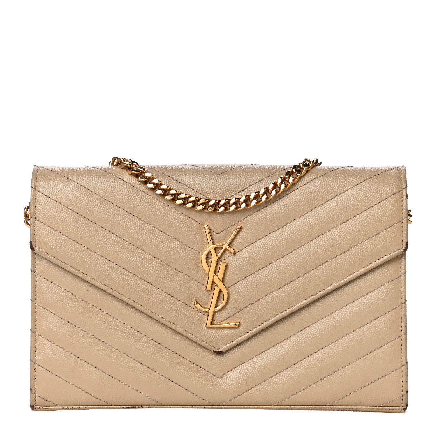 Saint Laurent Grain De Poudre Matelasse Chevron Monogram Chain Wallet Dark Latte 1 of 30