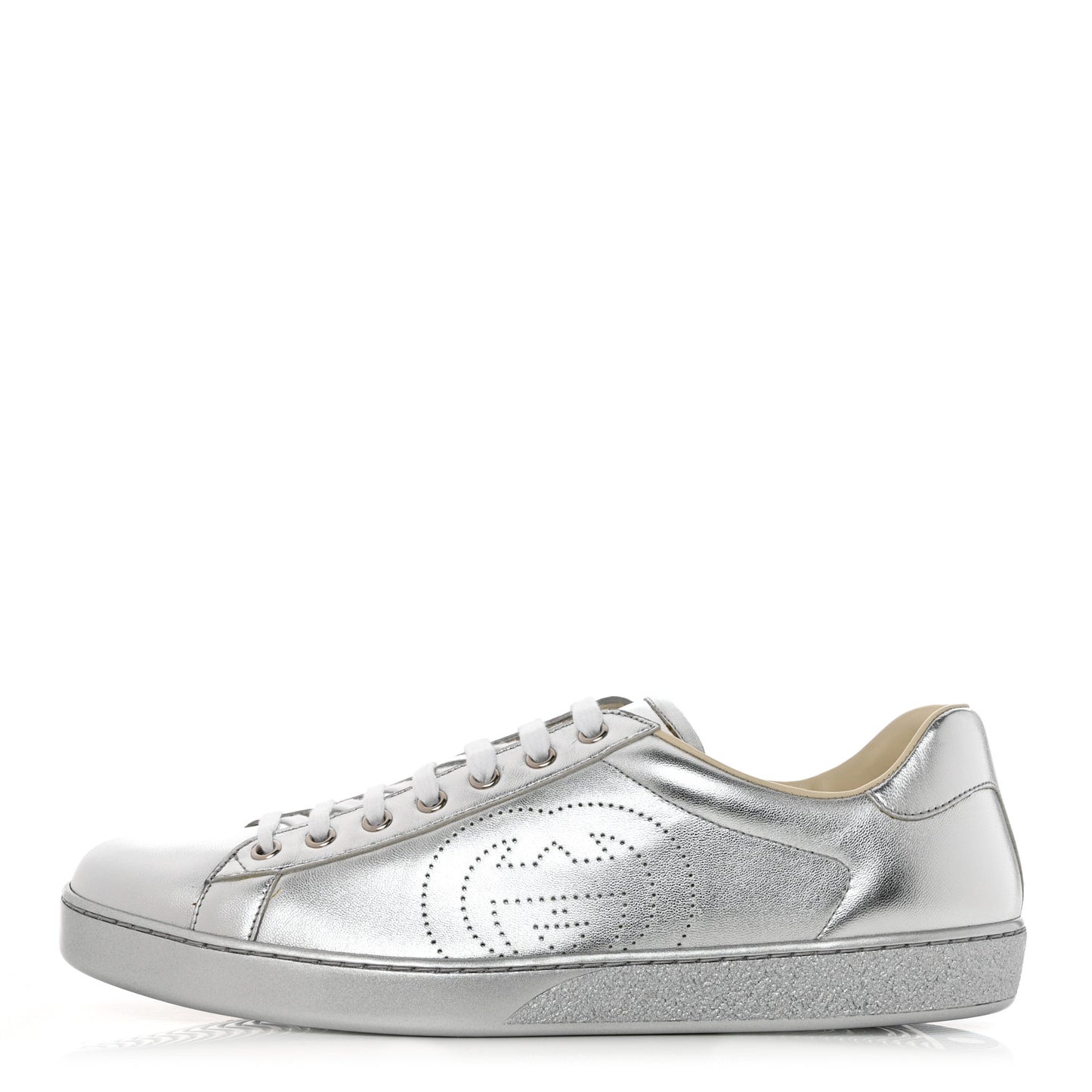 Metallic Nappa Interlocking G Perforated Mens Ace Sneakers 10 Argento