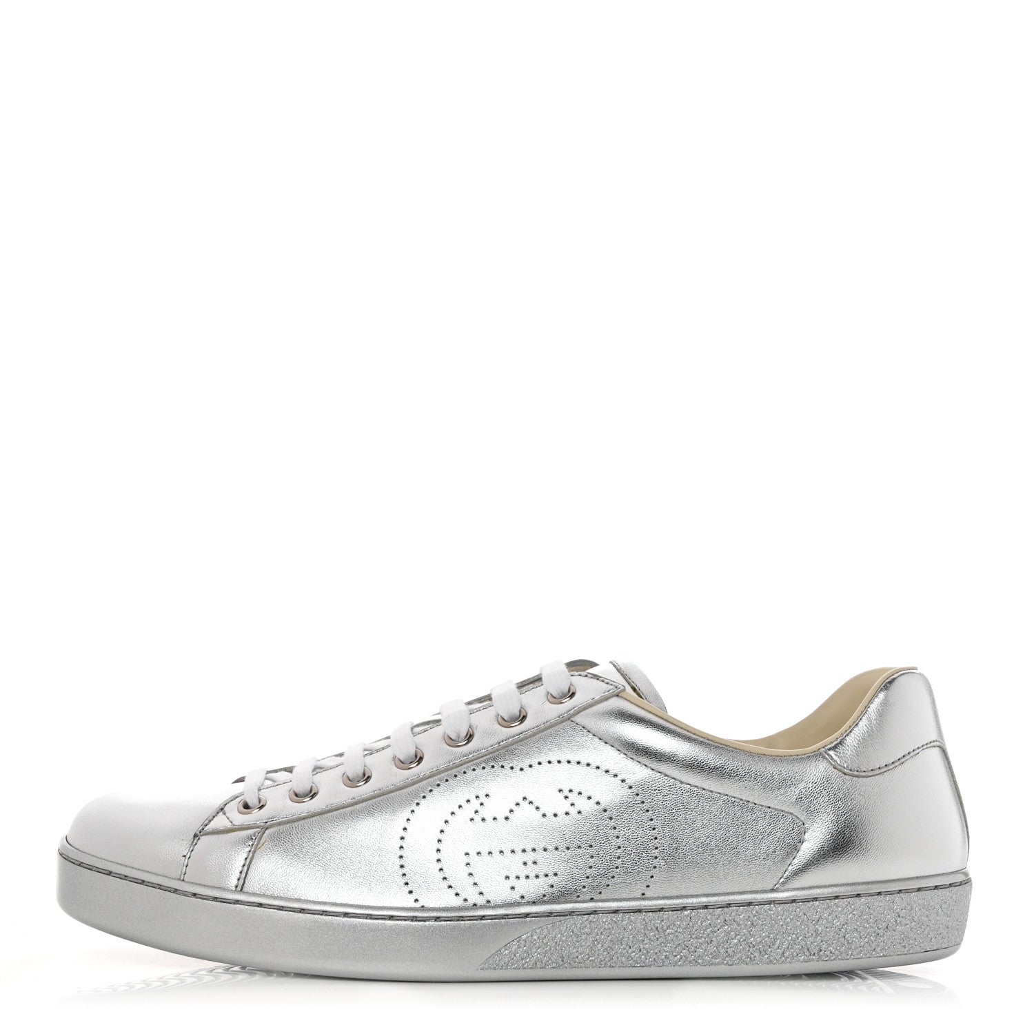 Gucci Metallic Nappa Interlocking G Perforated Mens Ace Sneakers 10 Argento 1 of 9