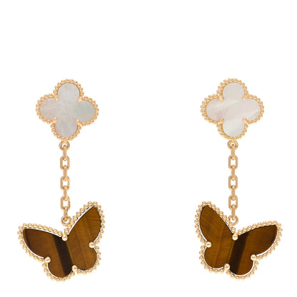 Van Cleef & Arpels 18K Yellow Gold Mother of Pearl Tiger's Eye Lucky Alhambra 2 Motifs Butterfly Earrings 1 of 5