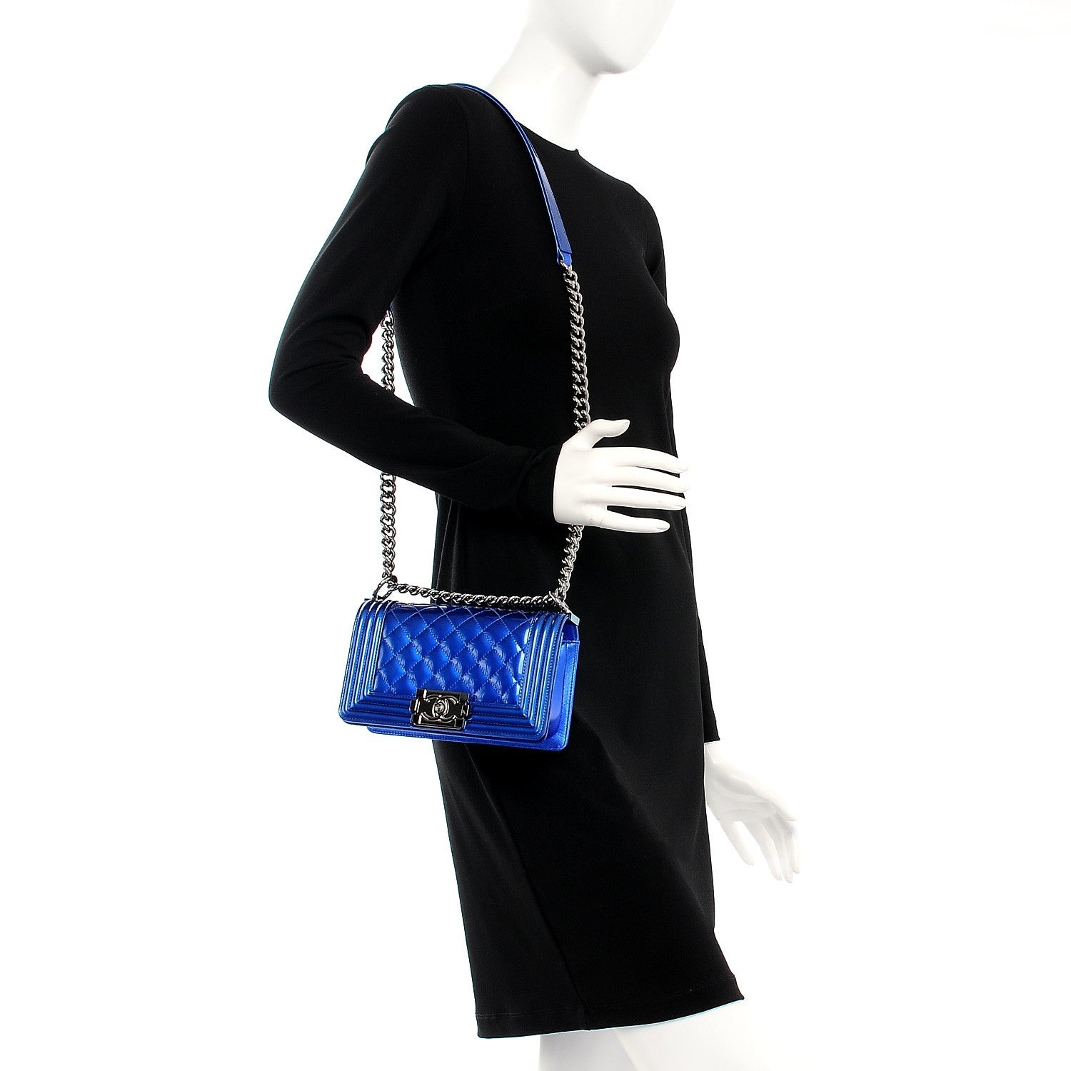 Chanel Metallic Patent Calfskin Quilted Small Boy Flap Blue 2 of 8