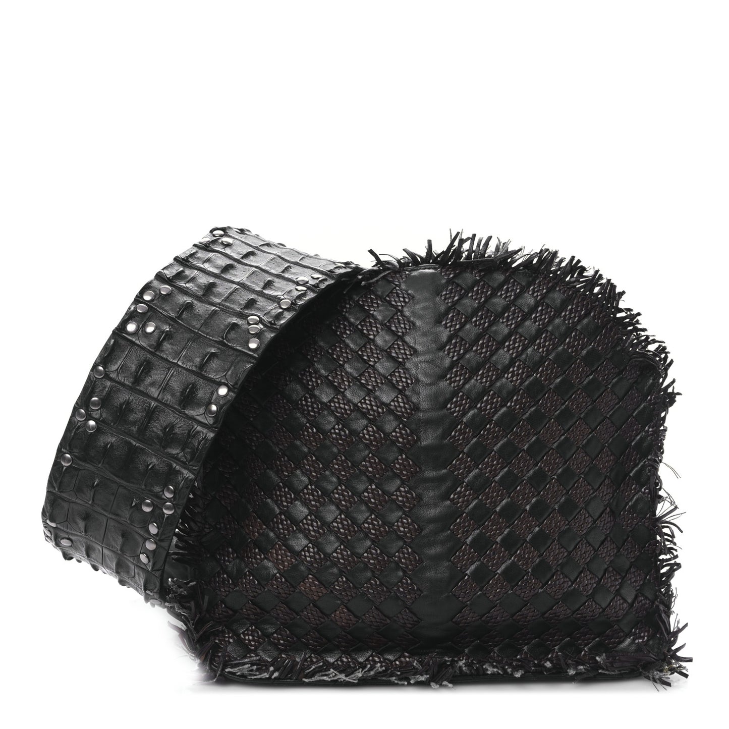 Nappa Intrecciato Alligator Fringe Shoulder Bag Black
