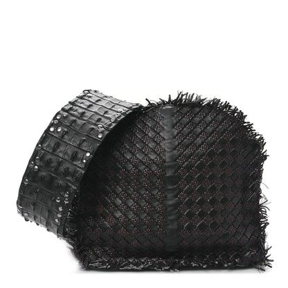 Bottega Veneta Nappa Intrecciato Alligator Fringe Shoulder Bag Black 1 of 8