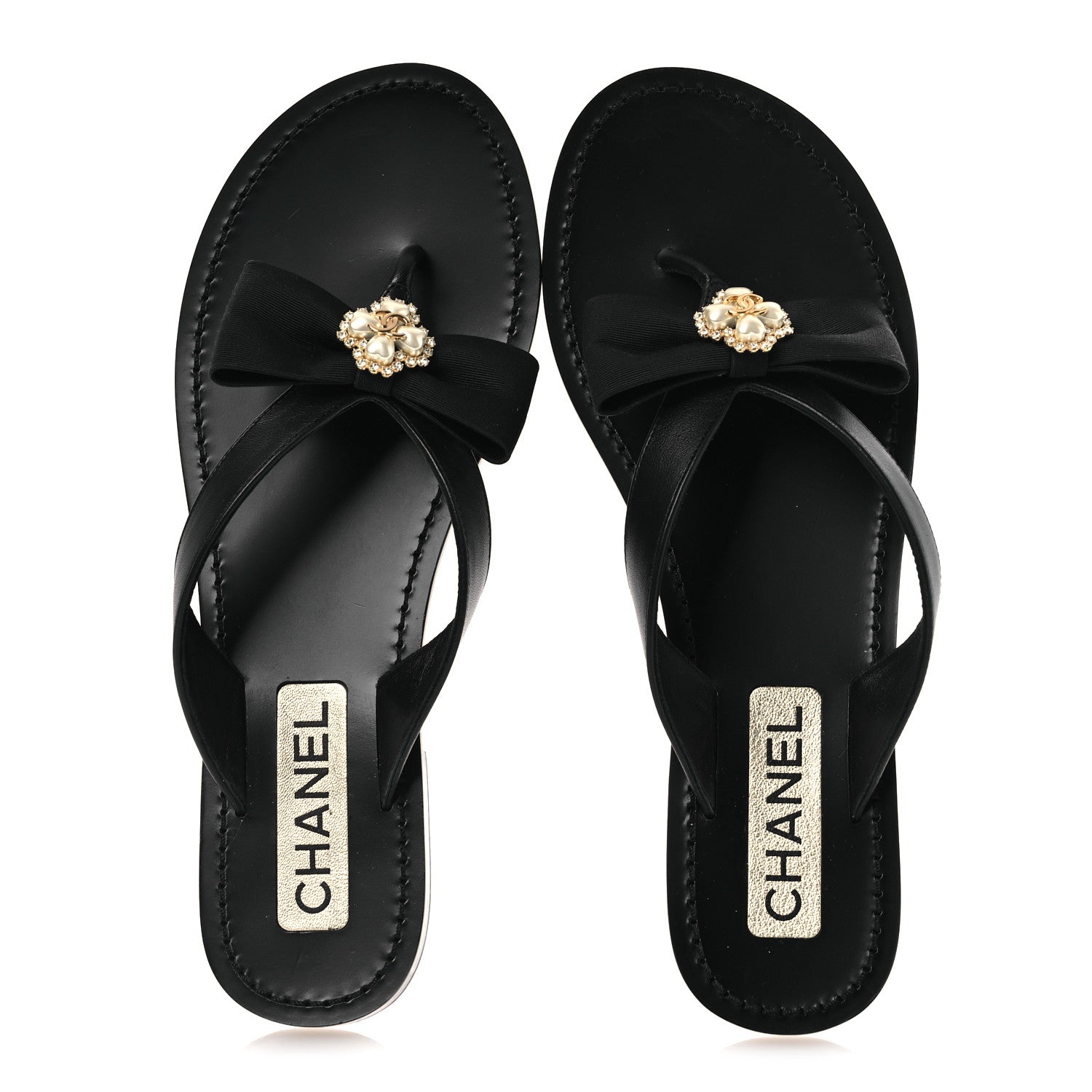 Chanel Lambskin Grosgrain Bow Pearl Thong Sandals 39 Black 1815606