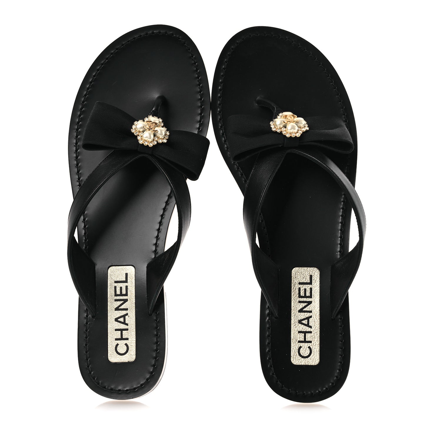 Lambskin Grosgrain Bow Pearl Thong Sandals 39 Black