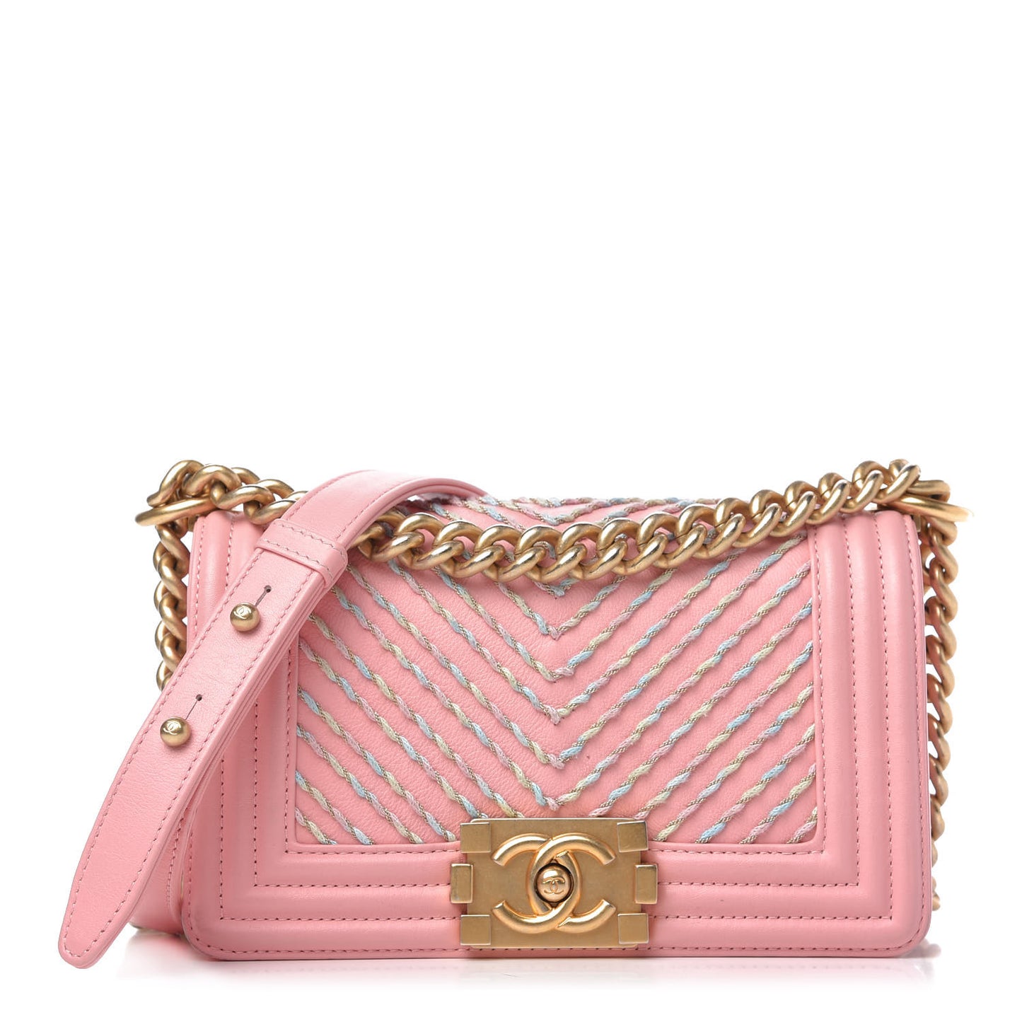 Calfskin Chevron Embroidered Small Boy Flap Pink