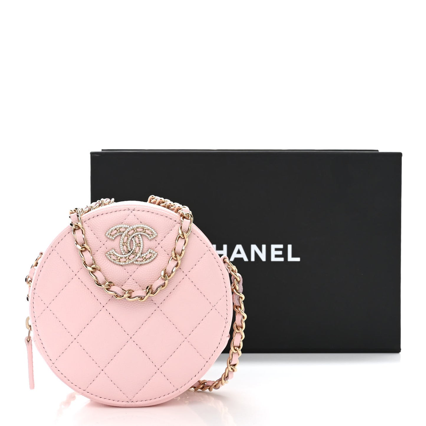 Caviar Quilted Crystal CC Round Clutch With Chain Pink