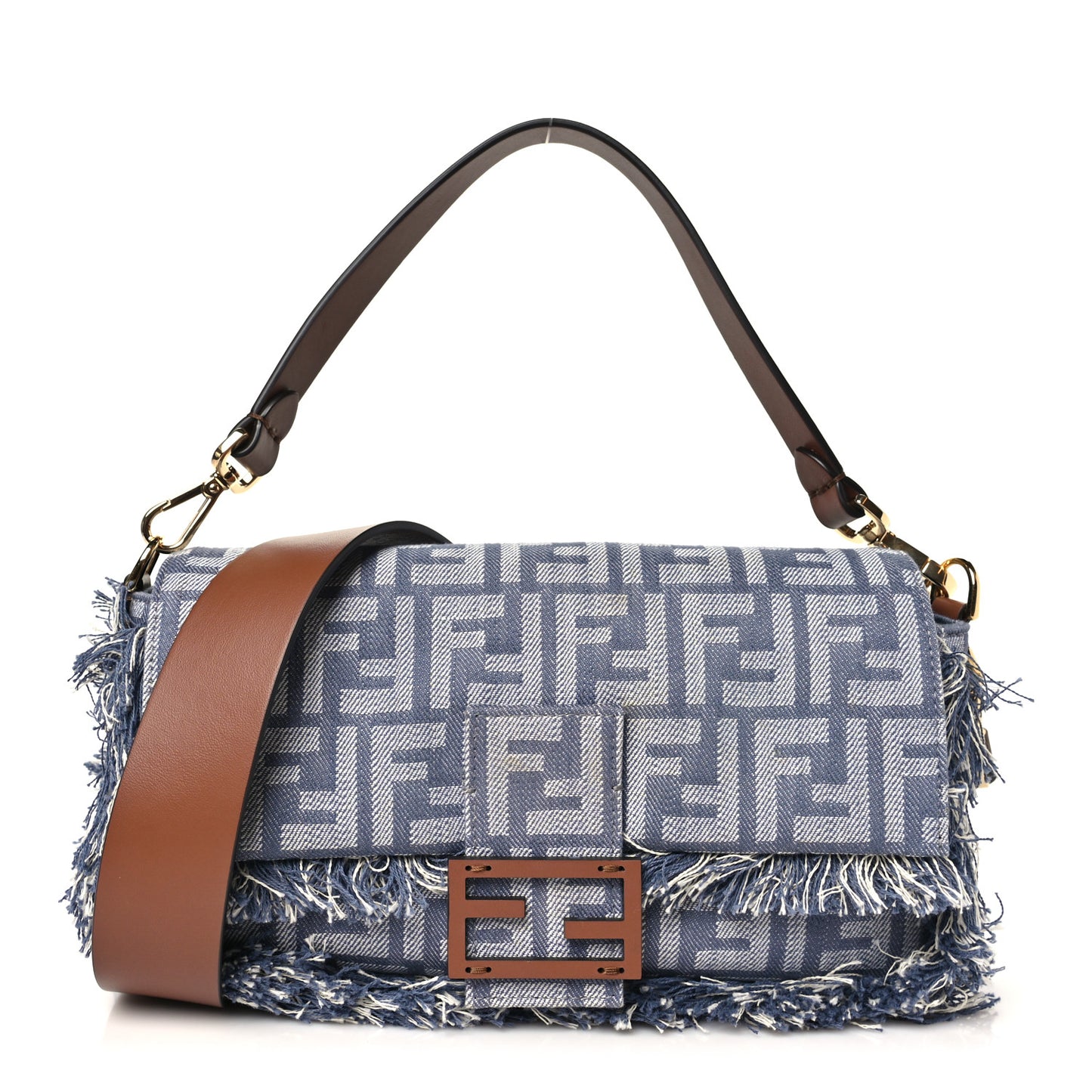 Denim Vitello Fringe FF Embroidered Baguette Myrtle Dark Nut