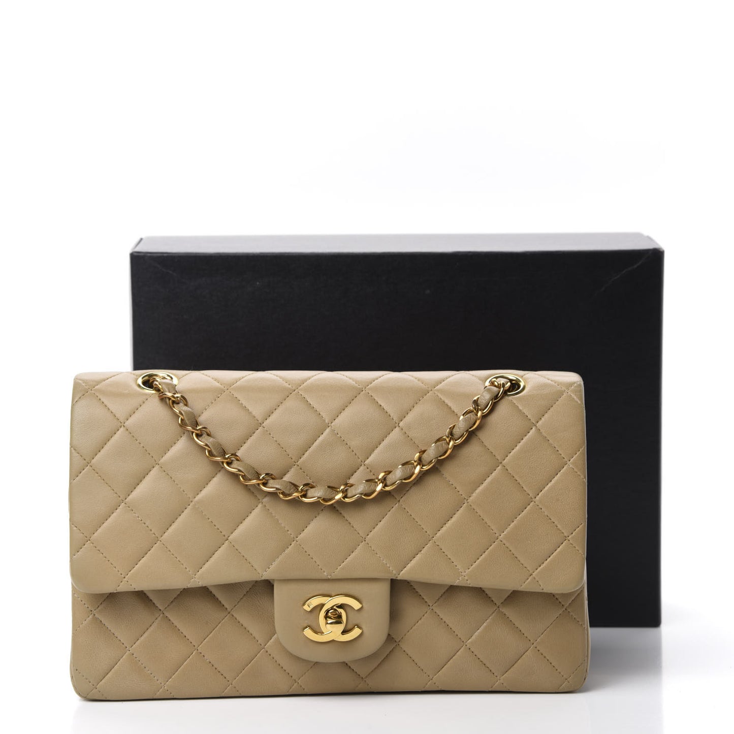 Lambskin Quilted Medium Double Flap Beige