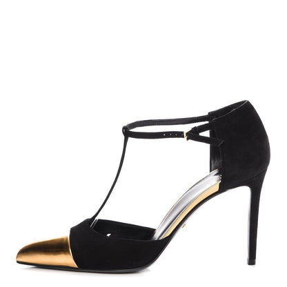 Gucci Suede Metallic Cap Toe T-Strap Coline Pumps 38 Black Gold 1 of 11