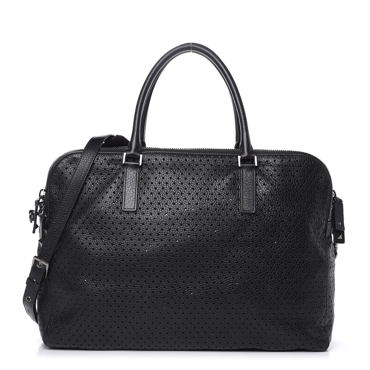 Calfskin Perforated Rockstud Large Travel Briefcase Black