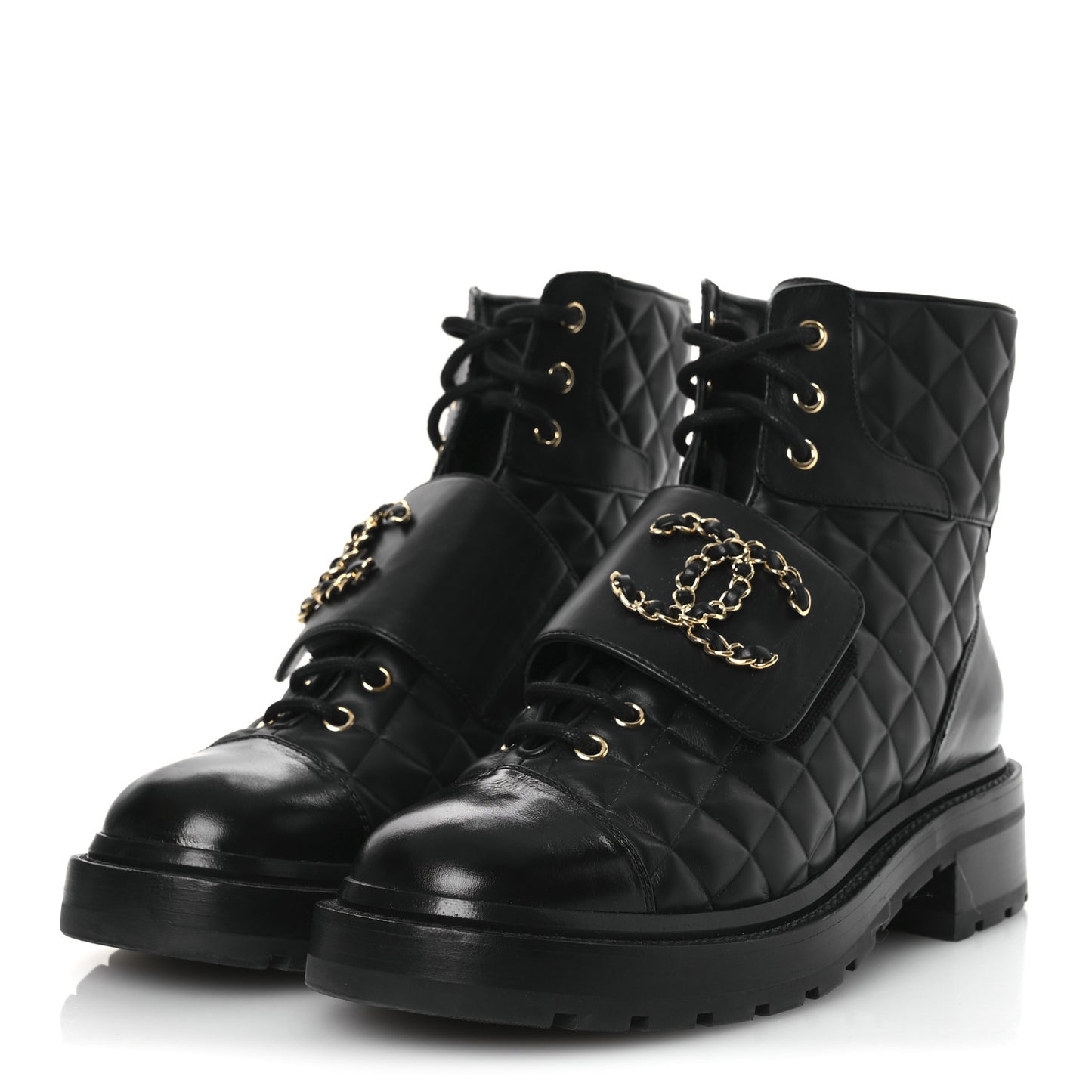 Shiny Calfskin Quilted Lace Up Combat Boots 38 Black