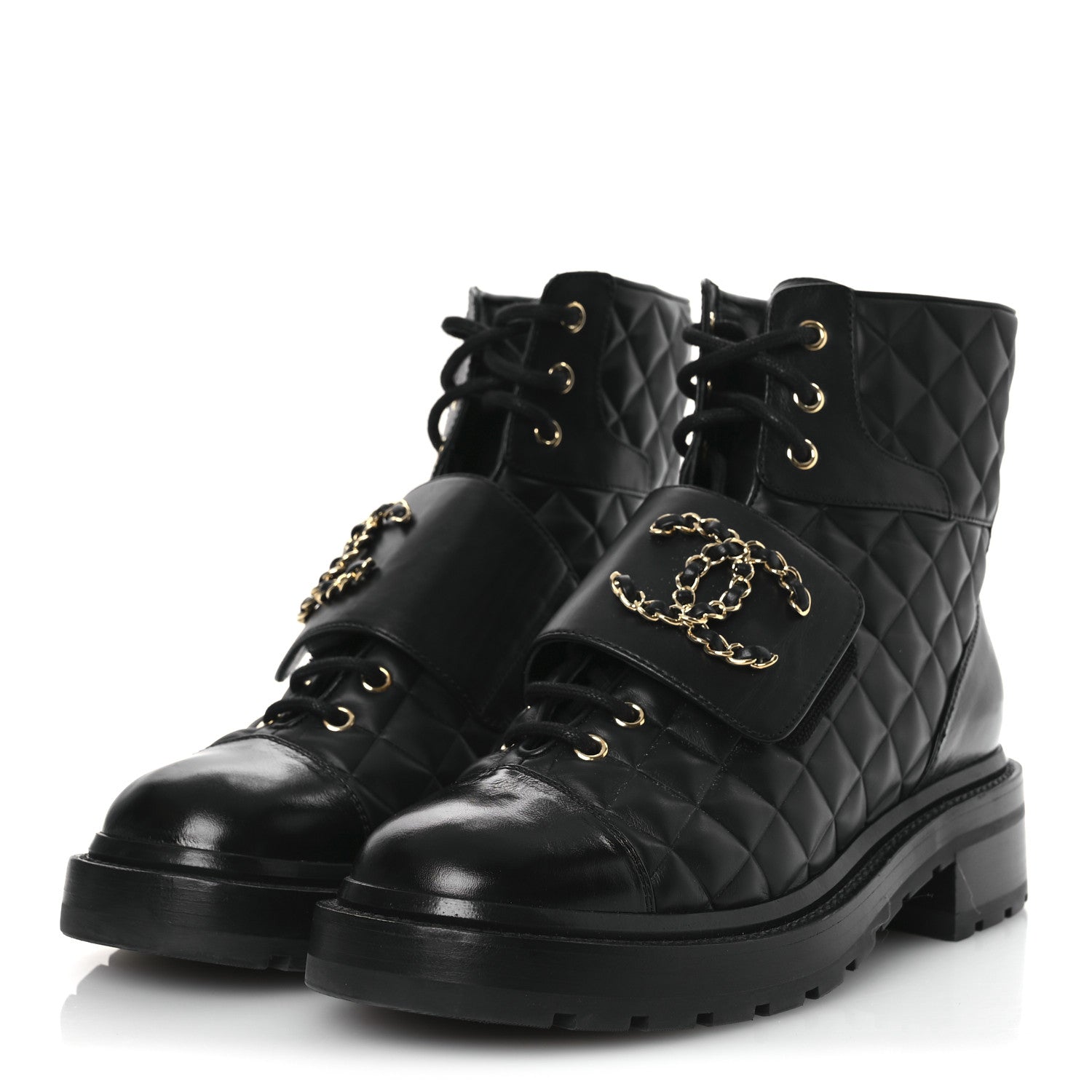 Chanel Shiny Calfskin Quilted Lace Up Combat Boots 38 Black 3 of 12