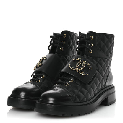 Chanel Shiny Calfskin Quilted Lace Up Combat Boots 38 Black 3 of 12