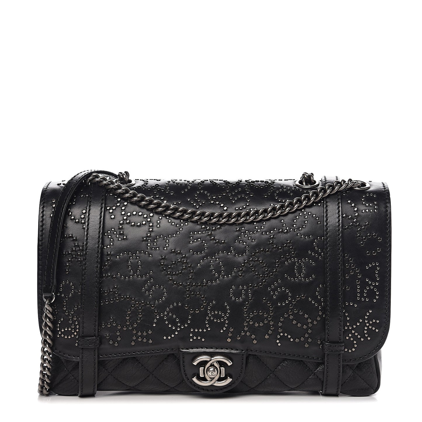 Studded Calfskin Lambskin Paris Dallas Flap Black