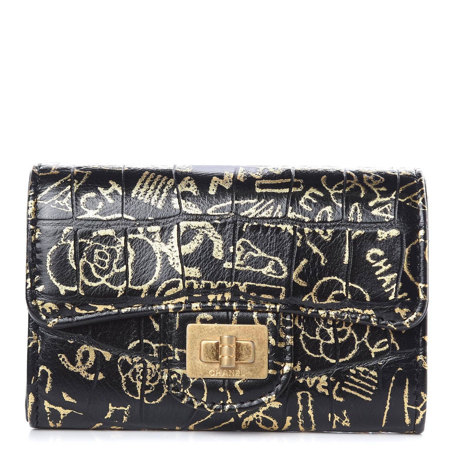 Chanel Calfskin Crocodile Embossed Graffiti Reissue Card Holder Wallet Black Gold 1 of 8