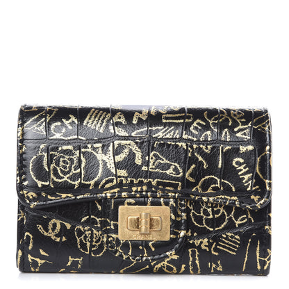 Chanel Calfskin Crocodile Embossed Graffiti Reissue Card Holder Wallet Black Gold 1 of 8