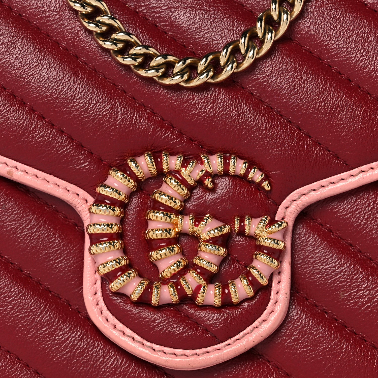 Gucci Azalea Calfskin Enamel Matelasse Diagonal Torchon GG Marmont Chain Wallet New Cherry Red Wild Rose 7 of 12
