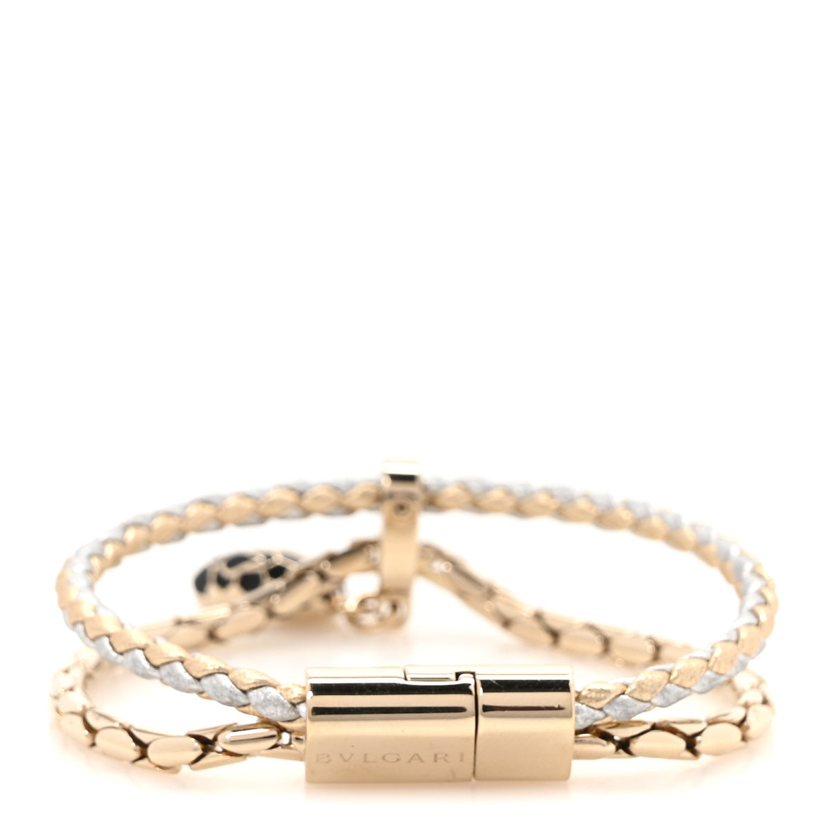 Bulgari Metallic Calfskin Braided Brass Enamel Serpenti Forever Double Coil Bracelet Gold Silver 3 of 5