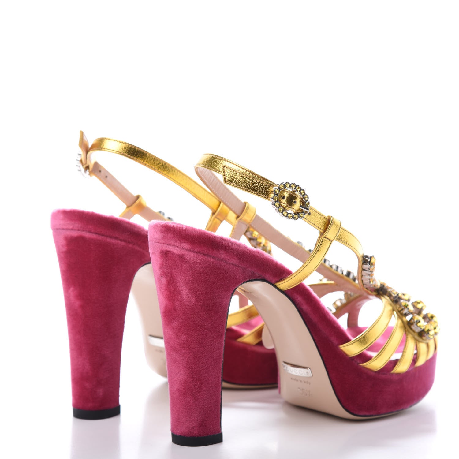 Gucci Velvet Nappa Crystal Zephyra Slingback Platform High Heel Sandals 36.5 Pink Gold 4 of 9