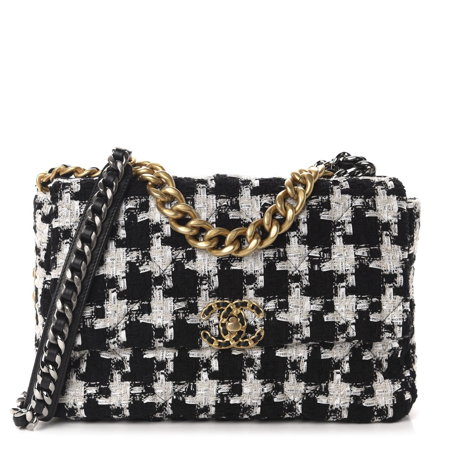 Tweed Quilted Large 19 Flap Black Ecru White