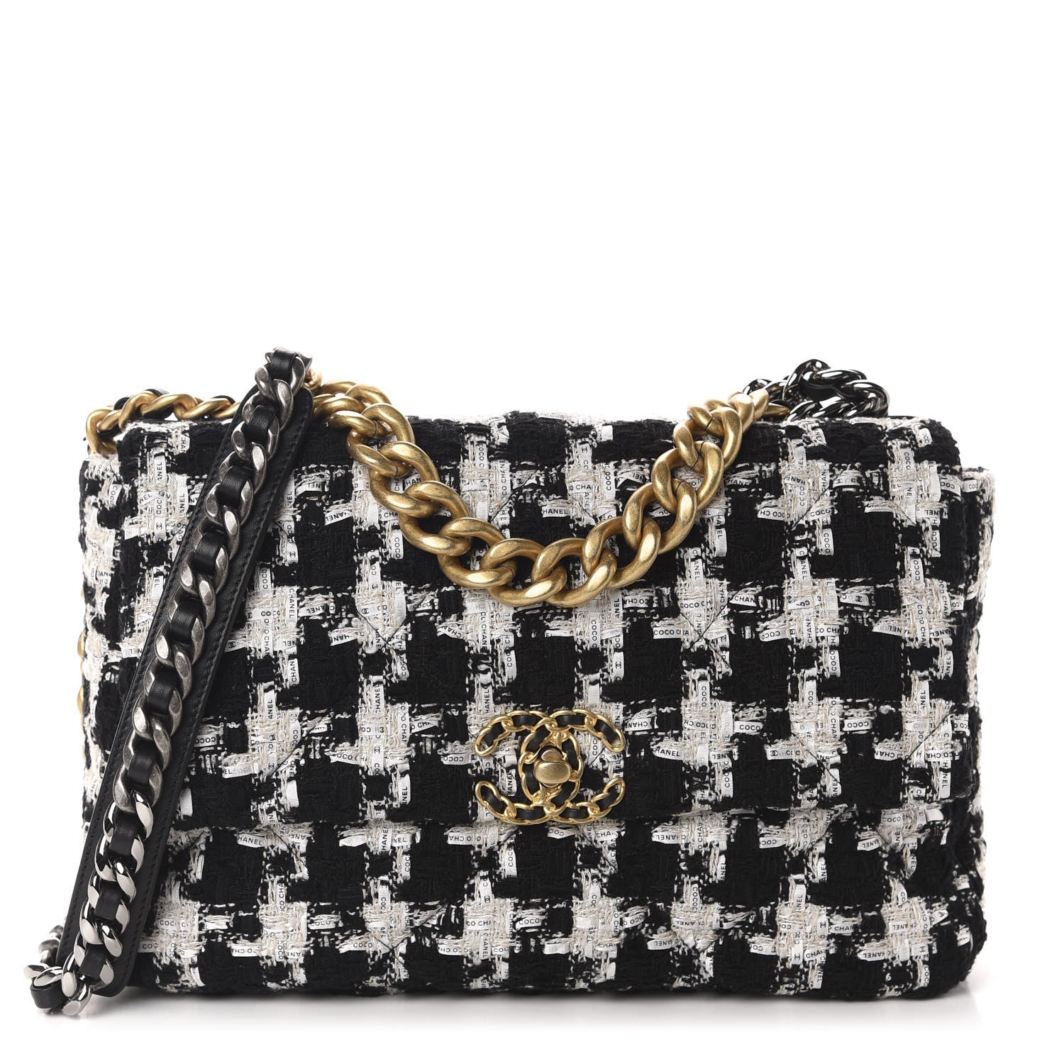 Chanel Tweed Quilted Large 19 Flap Black Ecru White 1 of 12
