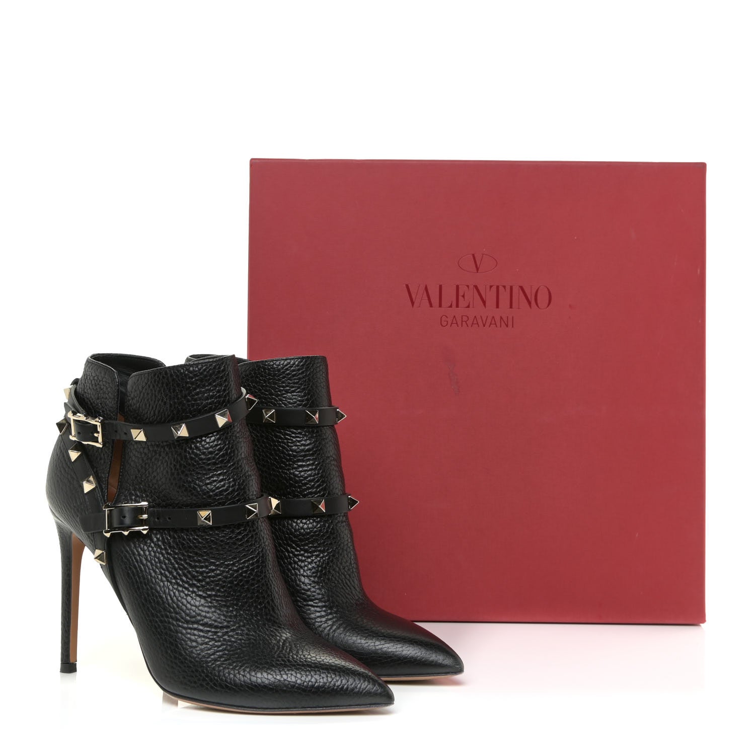 Valentino Garavani Pebbled Calfskin Rockstud Double Buckle 100mm Ankle Boots 37 Black 12 of 12