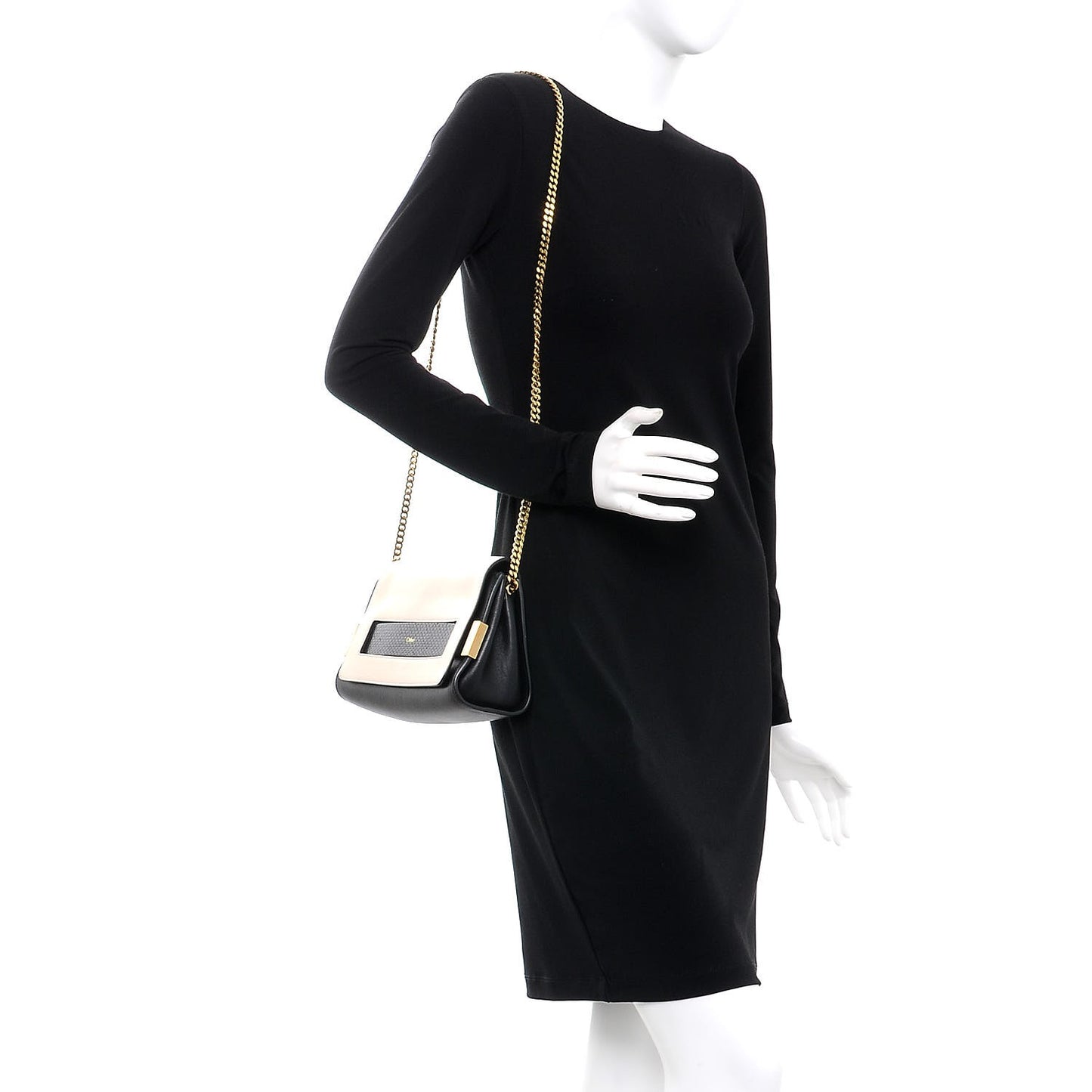 Lambskin Snakeskin Medium Elle Chain Clutch Cream Black