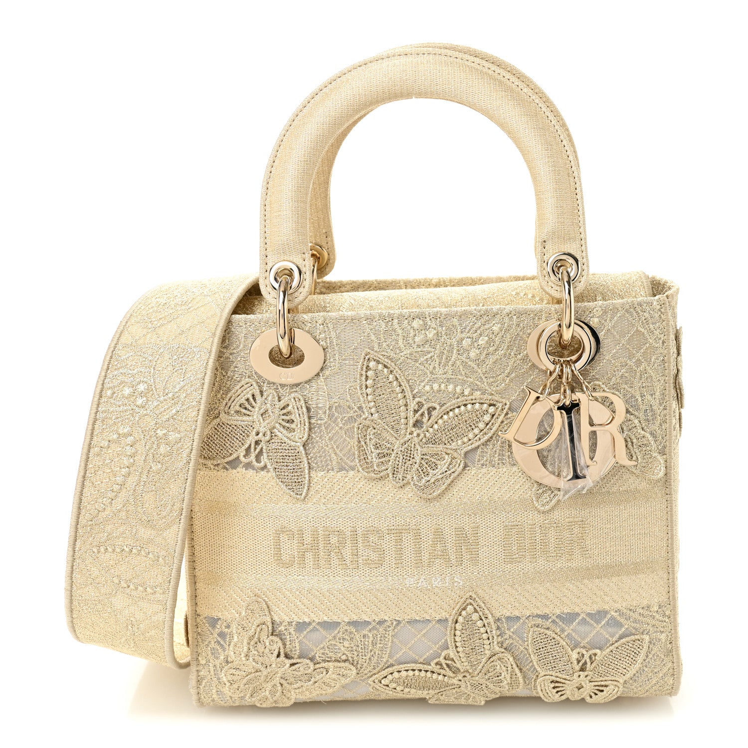 Christian Dior Canvas Embroidered 3D Macrame D-Lace Butterfly Medium Lady D-Lite Gold 1 of 11