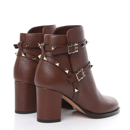 Valentino Garavani Pebbled Calfskin Rockstud Double Buckle 70mm Block Heel Ankle Boots 35 Light Brown 4 of 9