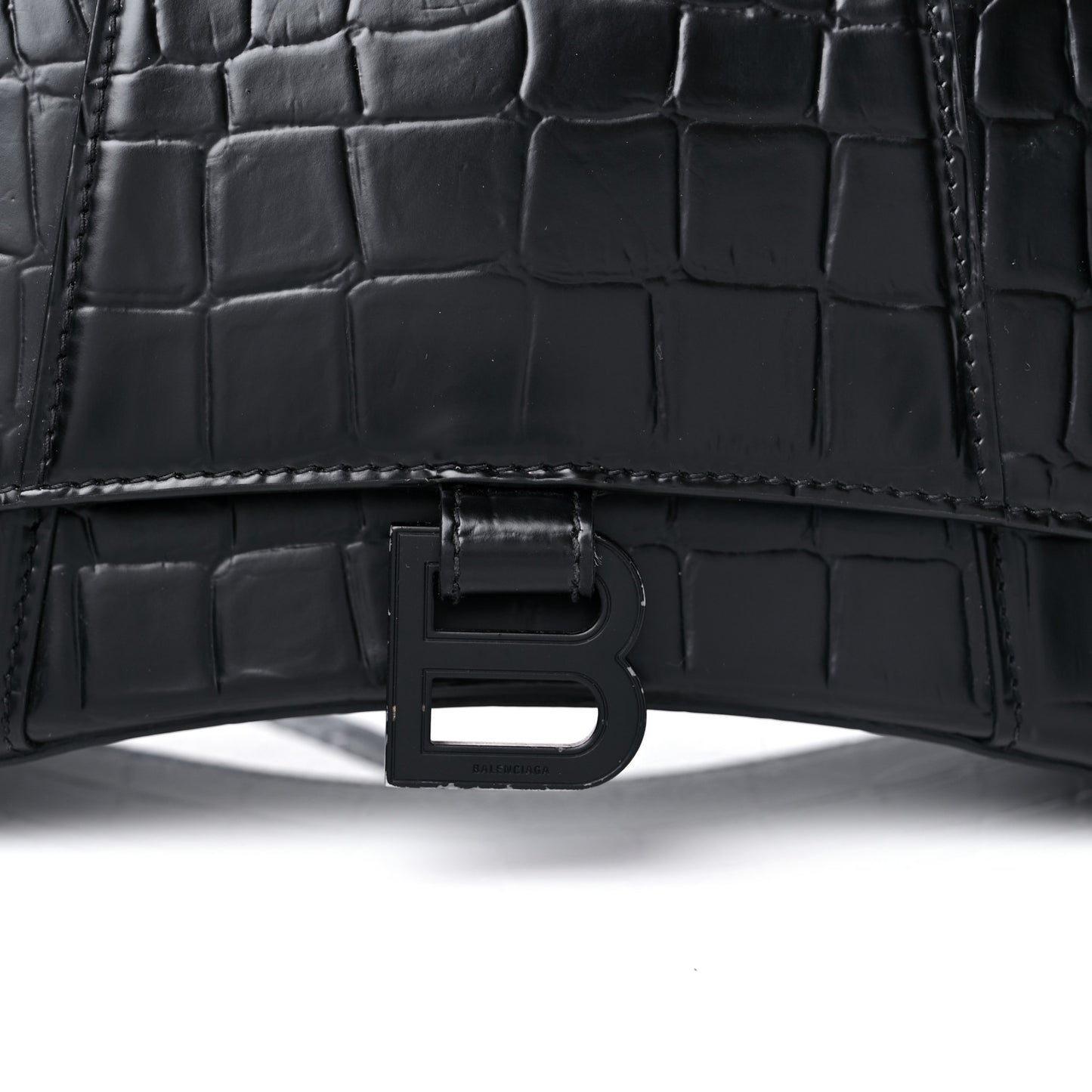 Shiny Calfskin Monochrome Crocodile Embossed Small Hourglass Top Handle Bag Black