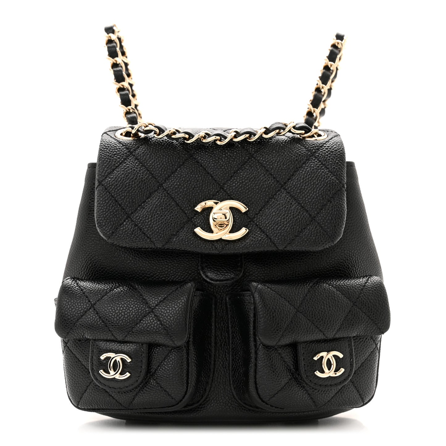 Shiny Caviar Quilted Small Duma Pockets Drawstring Backpack Black