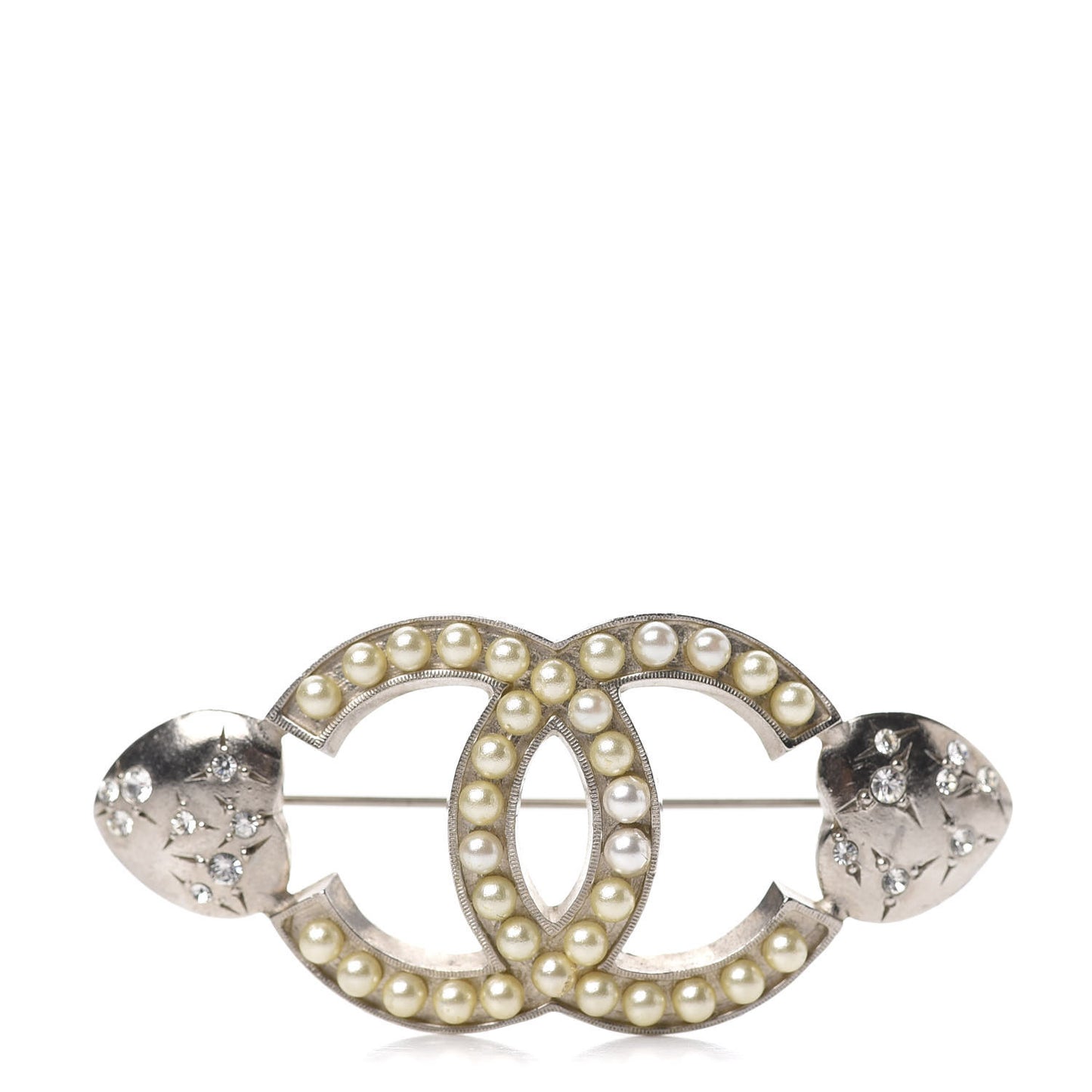 Crystal Pearl CC Brooch Silver