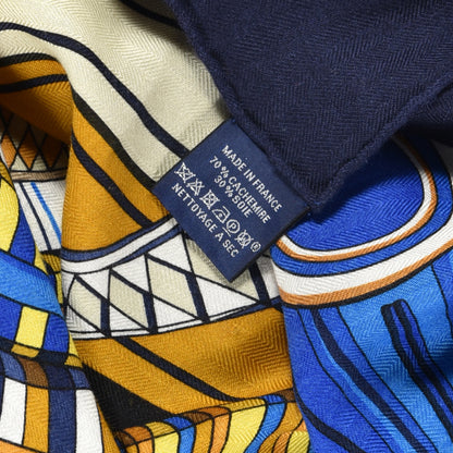 Hermes Cashmere Silk Voltes Et Pirouettes Shawl 140 Bleu Marine Gold White 6 of 6