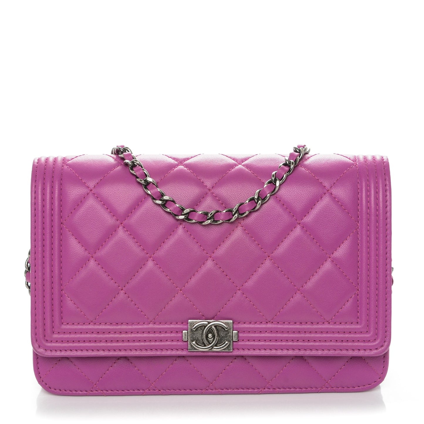 Lambskin Quilted Boy Wallet On Chain WOC Dark Pink