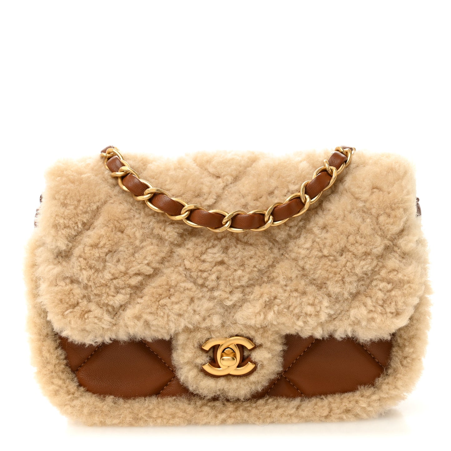 Shearling Lambskin Quilted Mini Furry Coco Flap Beige Brown
