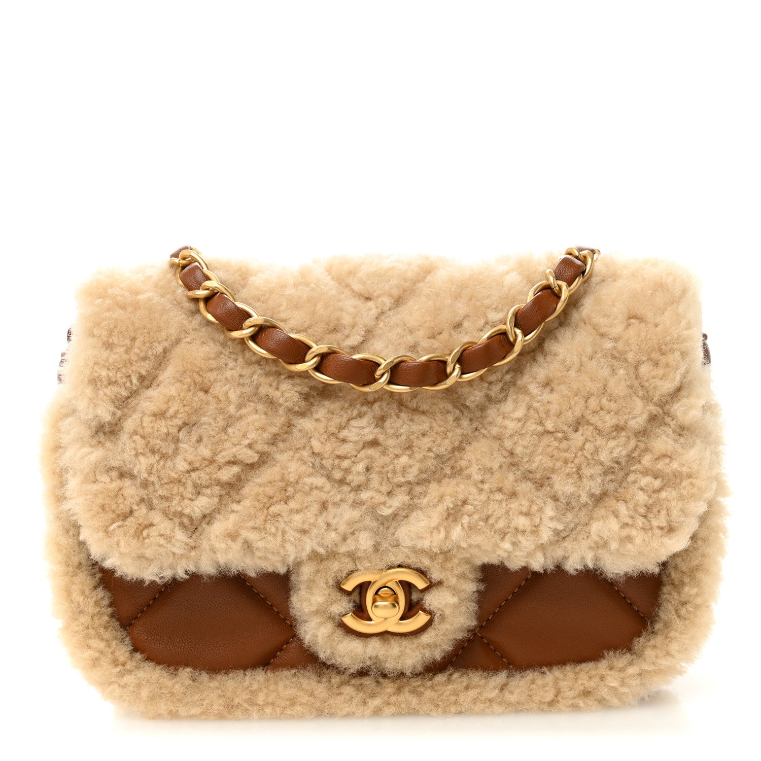 Chanel Shearling Lambskin Quilted Mini Furry Coco Flap Beige Brown 1 of 11