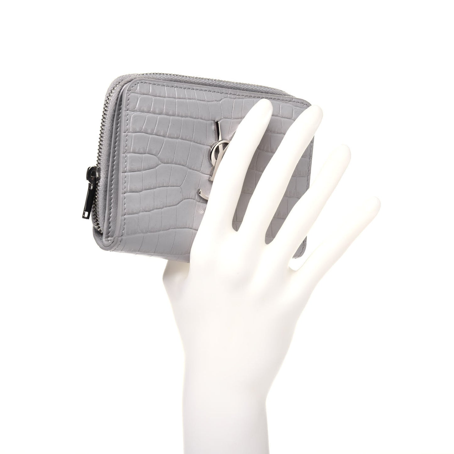 Calfskin Crocodile Embossed Monogram Compact Wallet Mouse Grey