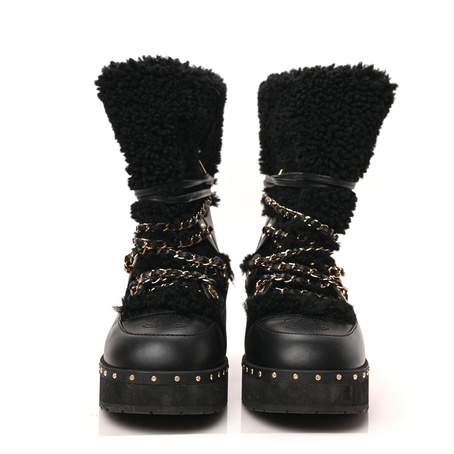 Calfskin Shearling Lambskin CC Cap Toe Chain Snow Boots 38 Black