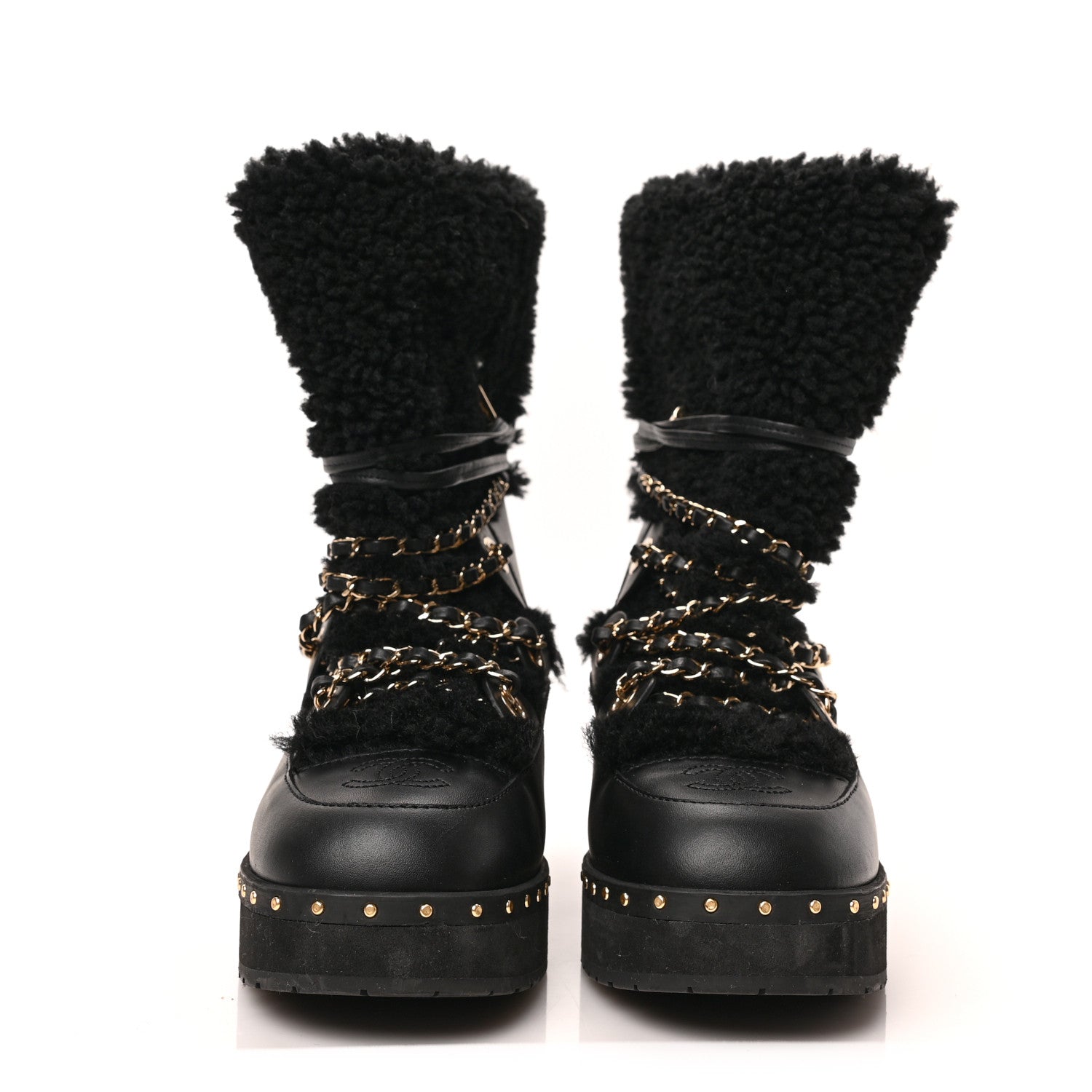 Chanel Calfskin Shearling Lambskin CC Cap Toe Chain Snow Boots 38 Black 2 of 7