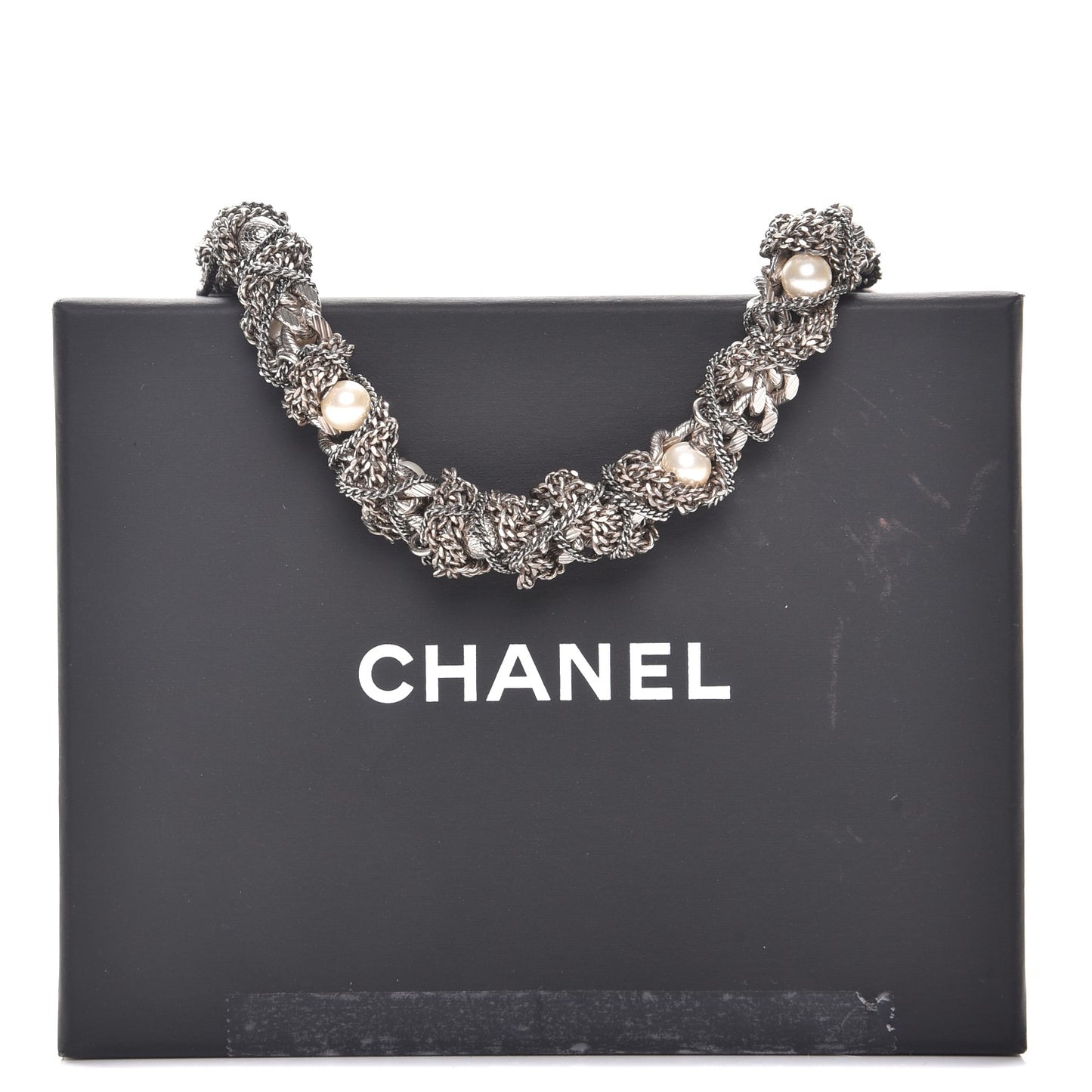 Pearl Chain CC Short Necklace Silver